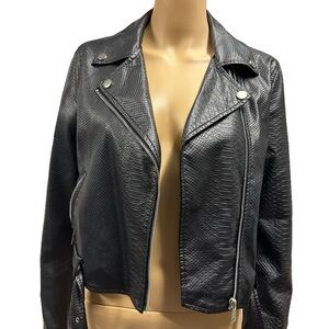 Copperose Crocodile Embossed Black Faux Leather Moto Zip Up Jacket Womens Medium